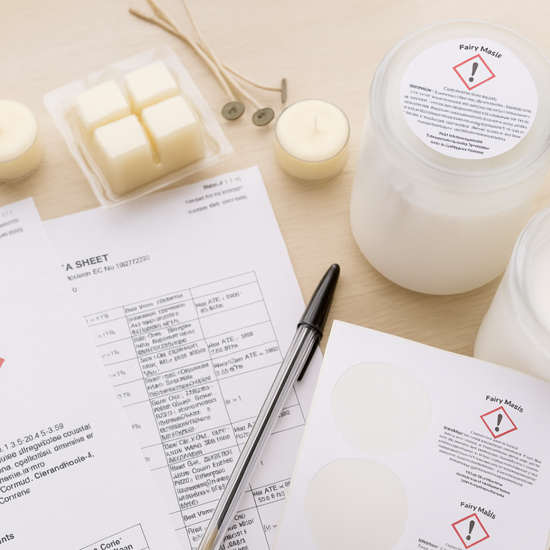 Bright, naturally lit workspace showing printed CLP labels, Safety Data Sheets, and candle jars arranged on a light wood surface, photographed in soft daylight for a clean and professional look.