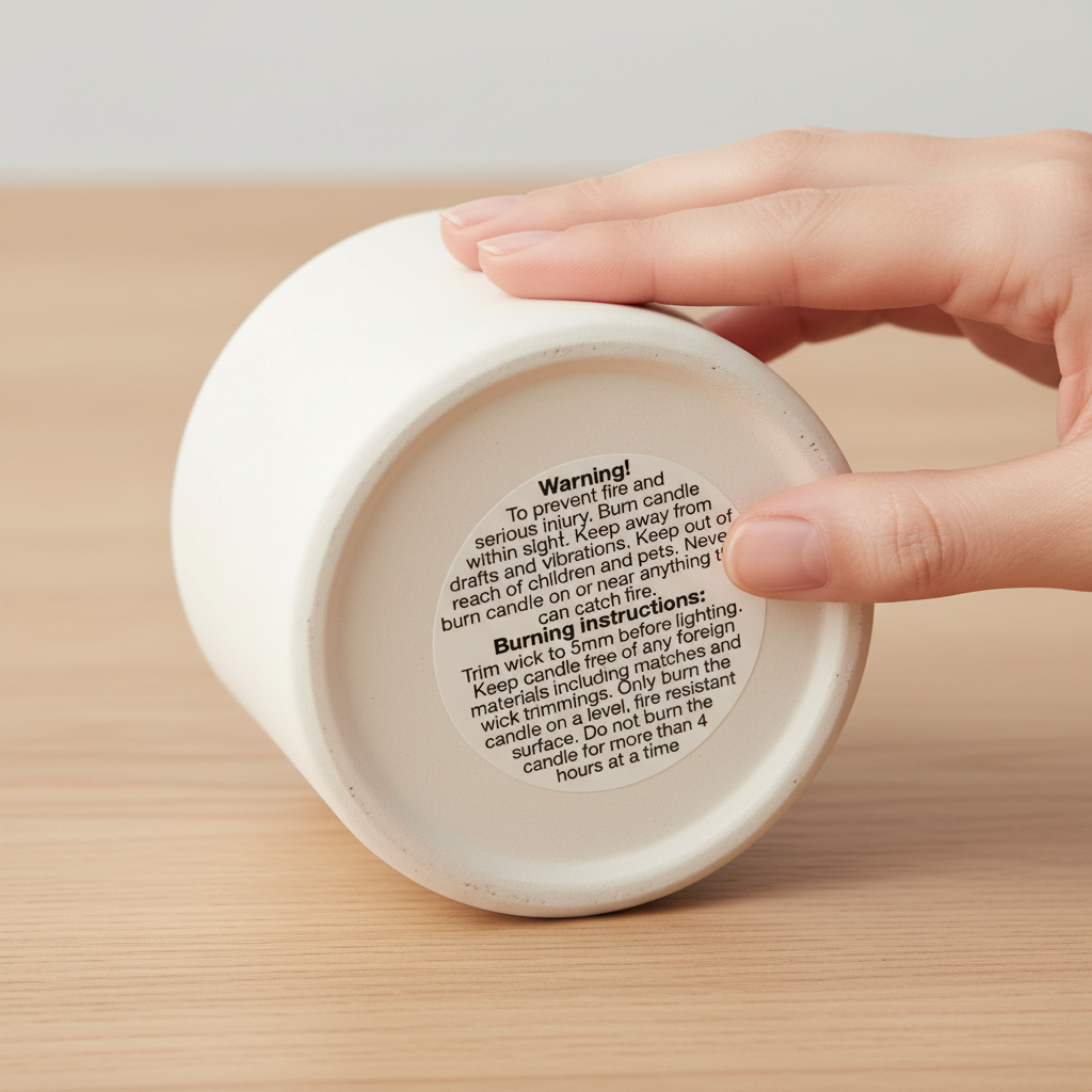 50mm round candle safety sticker applied to the base of a white candle jar, showing warning and burning instructions.