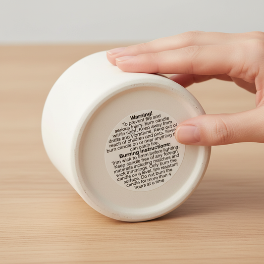 50mm round candle safety sticker applied to the base of a white candle jar, showing warning and burning instructions.
