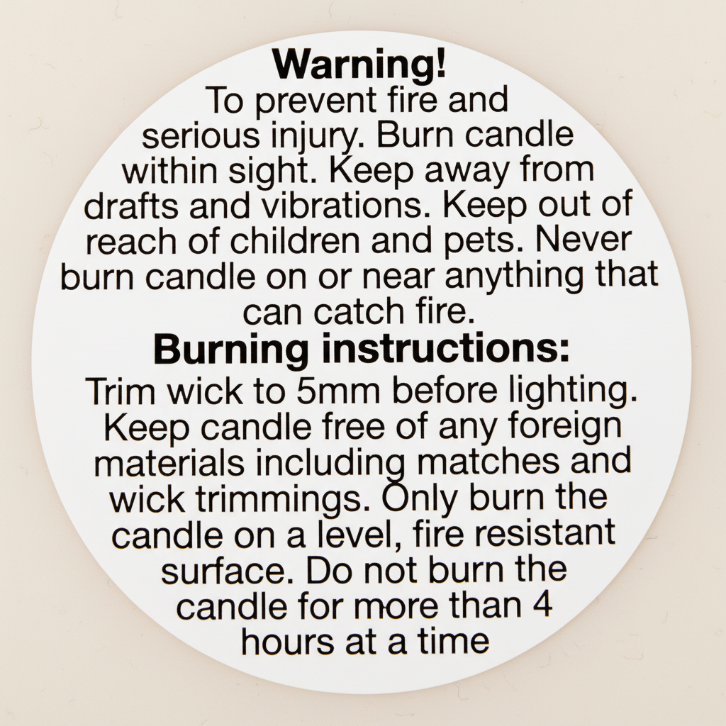 Close-up of a 50mm round candle safety label with warning and detailed burning instructions printed in bold black text.
