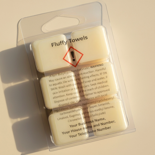 Transparent rectangular CLP label on wax melt packaging for a fragrance called “Fluffy Towels.” The label includes a hazard warning symbol, safety text, and placeholder contact details reading “Your Business Name, Your House name and Number, Your Telephone Number.” The wax melts are pale cream in color and packaged in a clear clamshell case under warm natural lighting.
