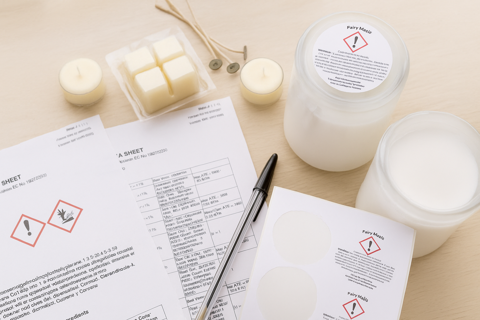 Bright, naturally lit workspace showing printed CLP labels, Safety Data Sheets, and candle jars arranged on a light wood surface, photographed in soft daylight for a clean and professional look.