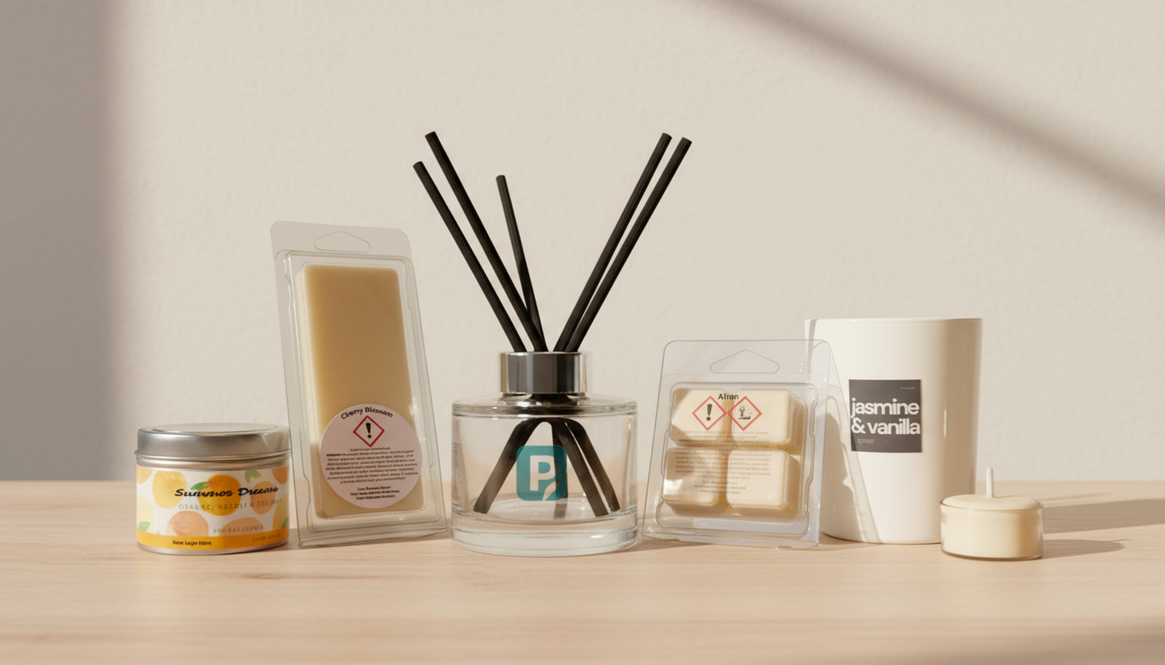 A bright, minimalist hero image showing a collection of home fragrance products including wax melts, a reed diffuser, and candles displayed on a light wooden surface. The labels feature Print & Peel CLP designs, photographed in soft natural daylight against a neutral beige wall.