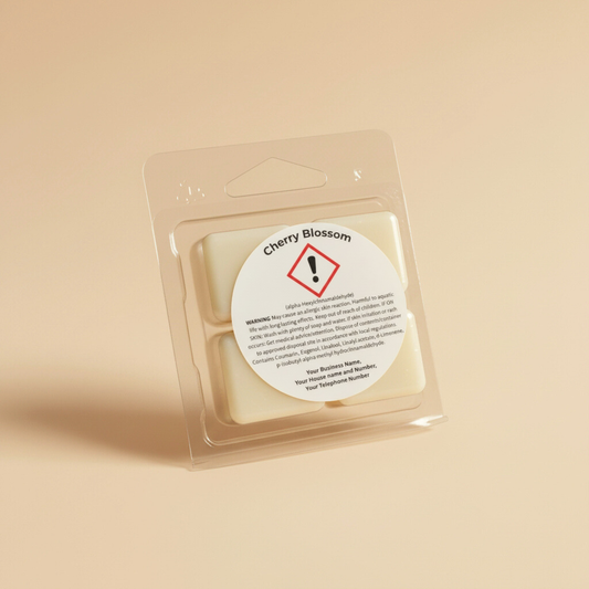 Gloss round CLP label for Cherry Blossom fragrance applied to square wax melt clamshell packaging with safety information visible.