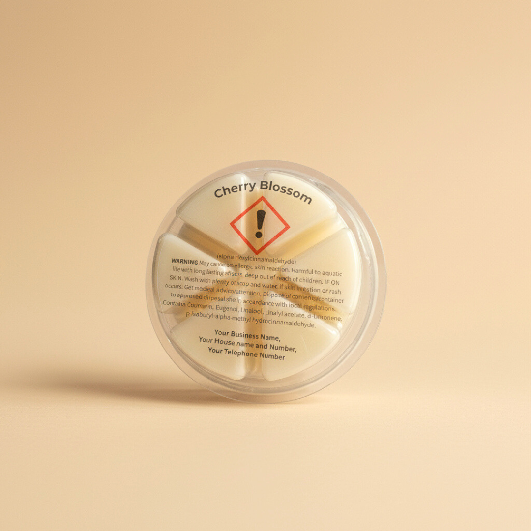 Round transparent CLP label for Cherry Blossom wax melts, applied to finished product with clear safety and ingredient information.